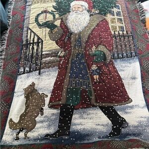 Holiday Santa Tapestry Blanket with Dog Design